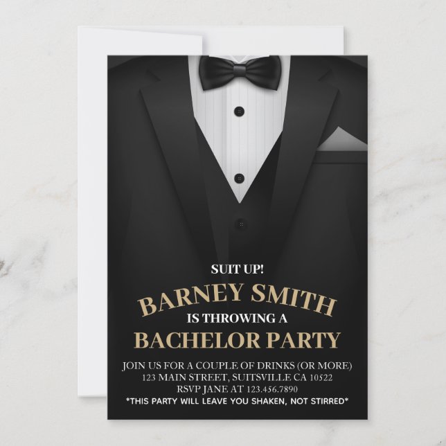 Invitation Classy Black Bow cravate costume Bachelor Invitati (Devant)
