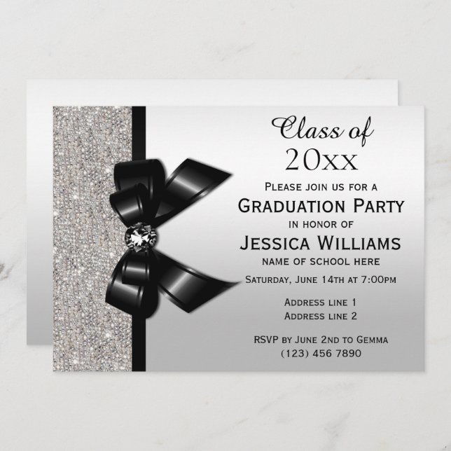 Invitation Classy Black Gem Bow, Silver Sequins Graduation (Devant / Derrière)