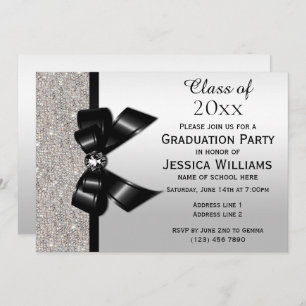 Invitation Classy Black Gem Bow, Silver Sequins Graduation