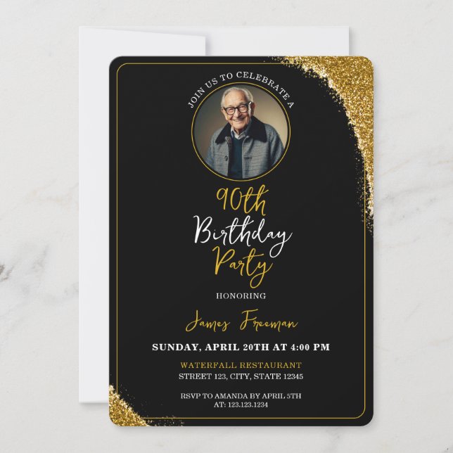 Invitation Classy Black & Gold Photo 90e anniversaire (Devant)