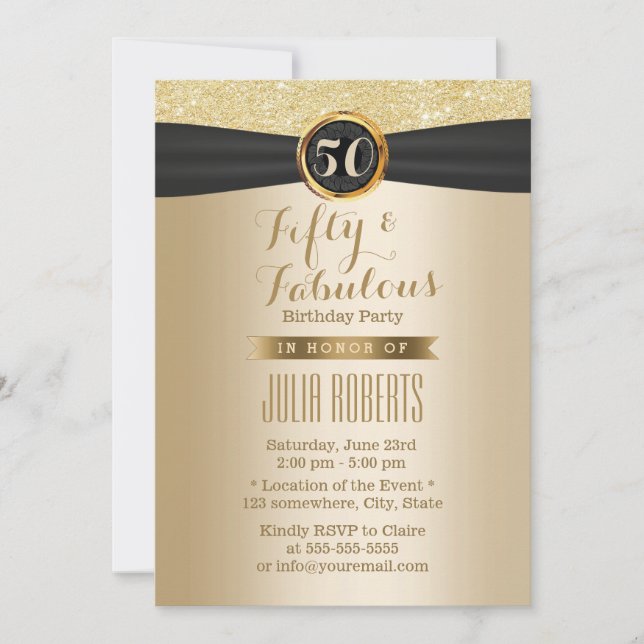 Invitation Classy Black Ribbon Chic Gold Fabuleux 50 (Devant)