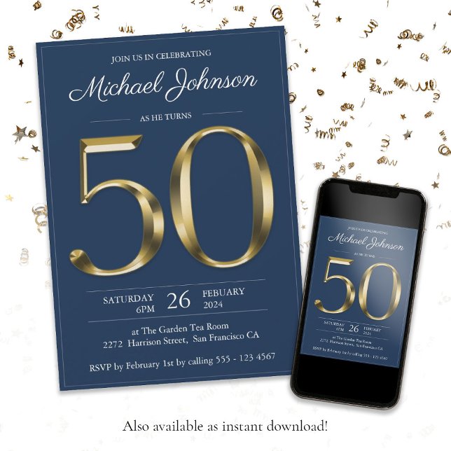 Invitation Classy bleu de la marine d'or solide 50e fête d'an (Solid Gold 50th Birthday Navy Blue Classy Party Invitation)
