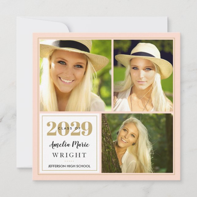Invitation Classy Blush et Gold Photo Collage Graduation (Devant)