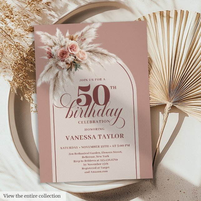 Invitation Classy Boho Dusty Rose Pampas Floral 50th Birthday (Classy Boho Dusty Rose Pampas Floral 50th Birthday)
