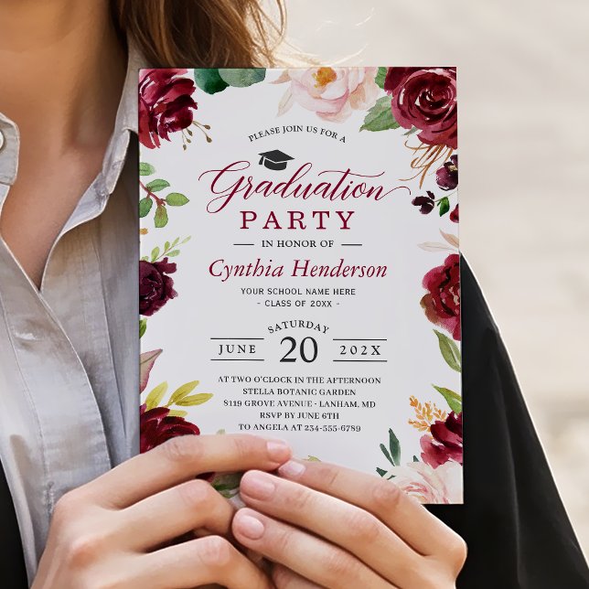 Invitation Classy Burgundy et Blush Floral Graduation Event (Créateur téléchargé)