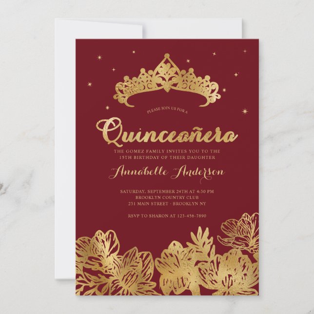 Invitation Classy Burgundy Rouge or Quinceañera Floral Tiara (Devant)