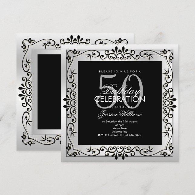 Invitation Classy Chic Argent Décoratif encadré 50e anniversa (Devant / Derrière)