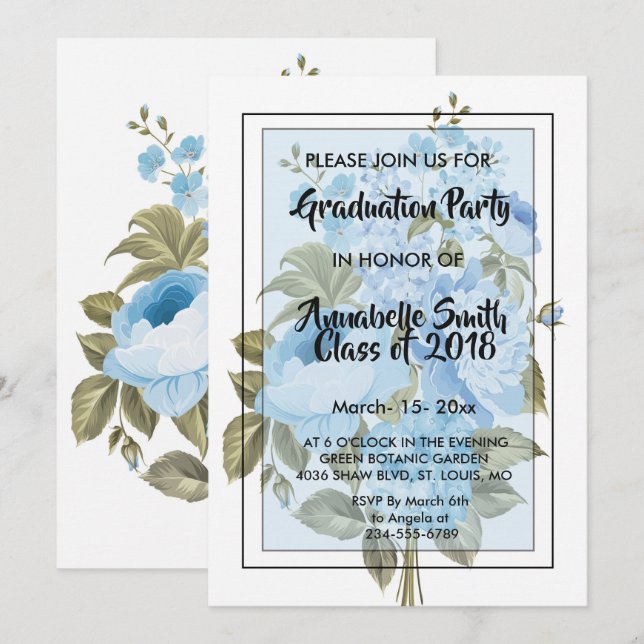 Invitation Classy Chic bleu floral Graduation (Devant / Derrière)