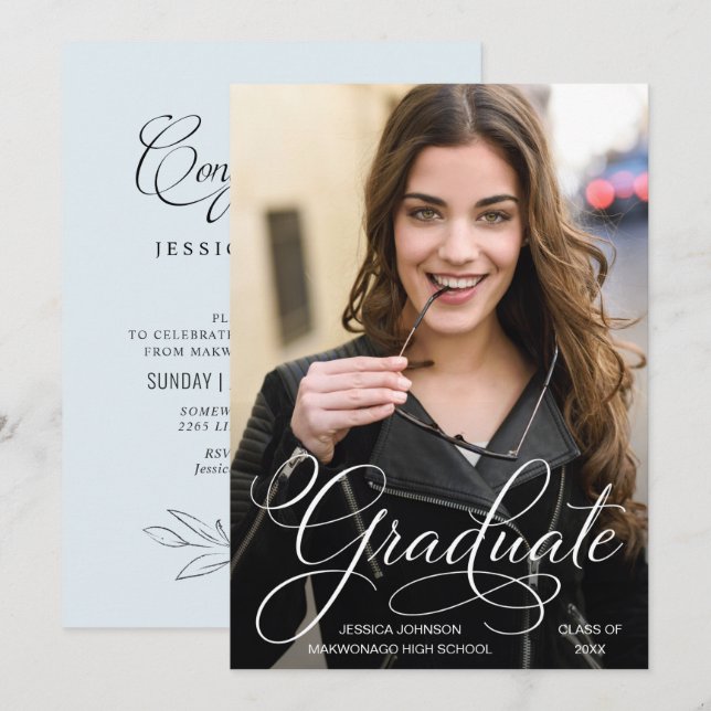 Invitation Classy Chic Élégant Script PHOTO Graduation Party (Devant / Derrière)