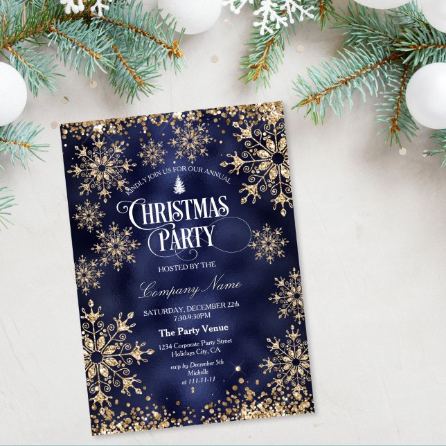 Invitation Classy Chic Gold Glitter Corporate Christmas Party (gold glitter christmas tree on the navy blue background christmas party invitation)