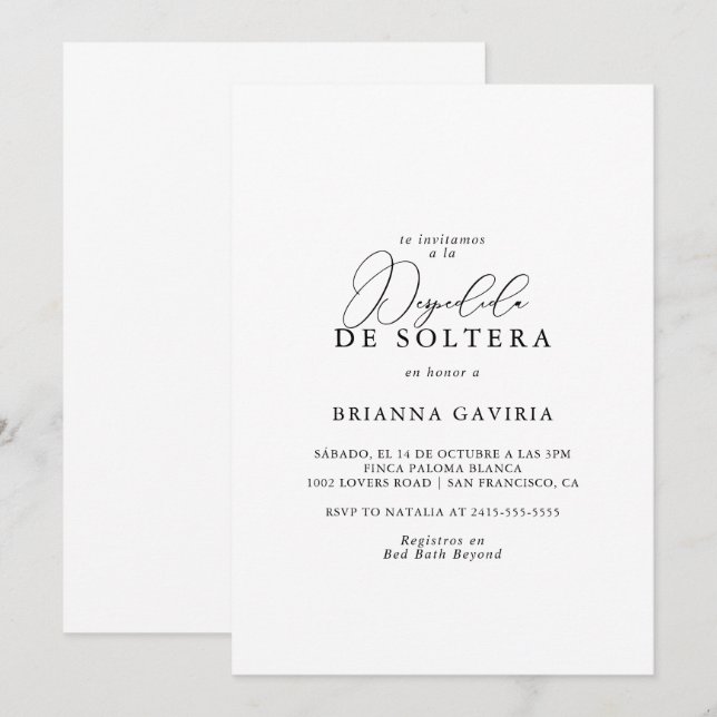 Invitation Classy Chic Minimalist Fête des mariées espagnole (Devant / Derrière)