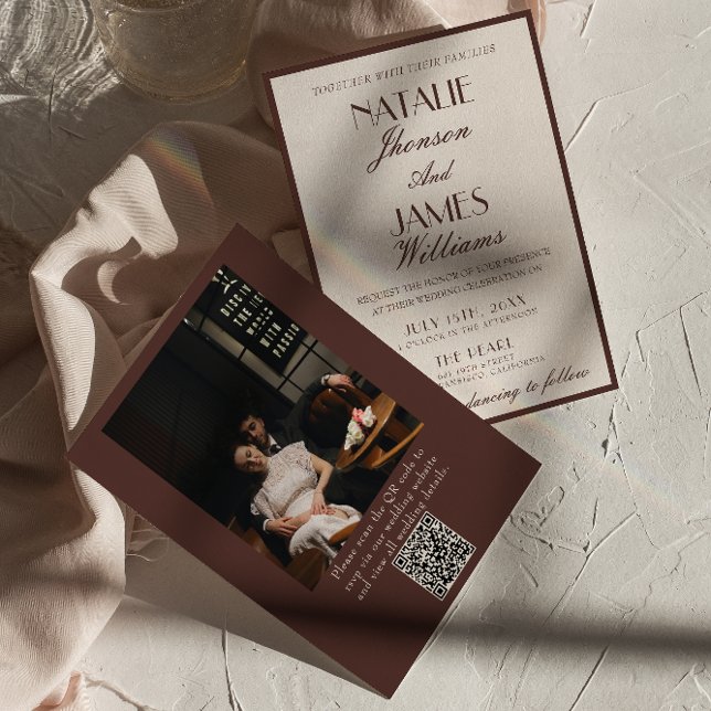 Invitation Classy Chocolate Brown Fancy Photo QR Code Wedding (Créateur téléchargé)