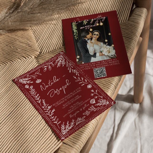 Invitation Classy Deep Red Blue Floral QR Code Photo Wedding (Créateur téléchargé)