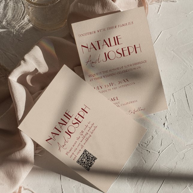 Invitation Classy Deep Red Blue QR Code Modern Wedding (Créateur téléchargé)