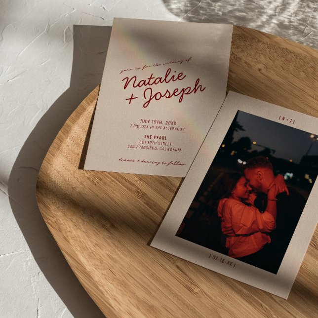 Invitation Classy Deep Red Blue Whimsical Photo Wedding (Créateur téléchargé)