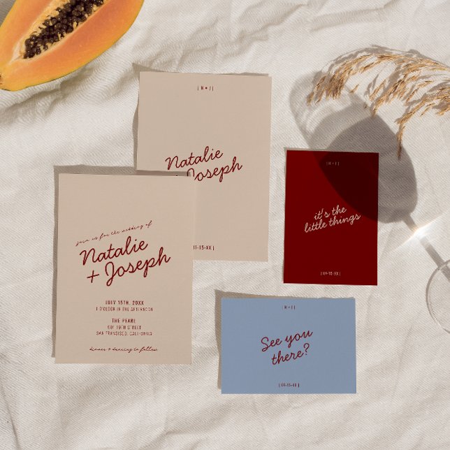 Invitation Classy Deep Red Blue Whimsical Unique Wedding (Créateur téléchargé)