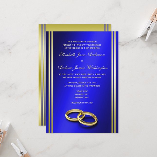 Invitation Classy Gold & Blue, Mariage Mariage  (Devant/Arrière en situation)