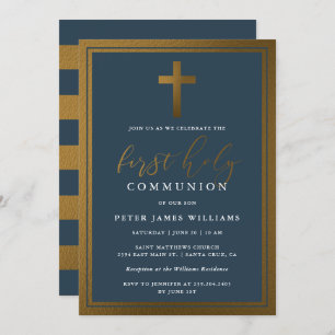 Invitation Classy Gold & Navy Blue First Holy Communion