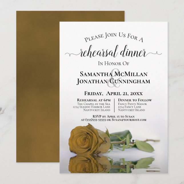 Invitation Classy Golden Ochre Rose Dîner de répétition Maria (Devant / Derrière)