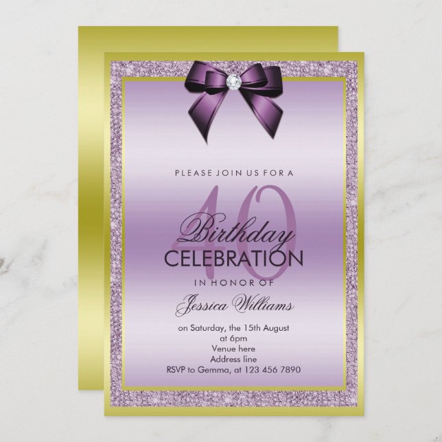 Invitation Classy Lilac Bow & Sparkly Parties scintillant 40e (Devant / Derrière)