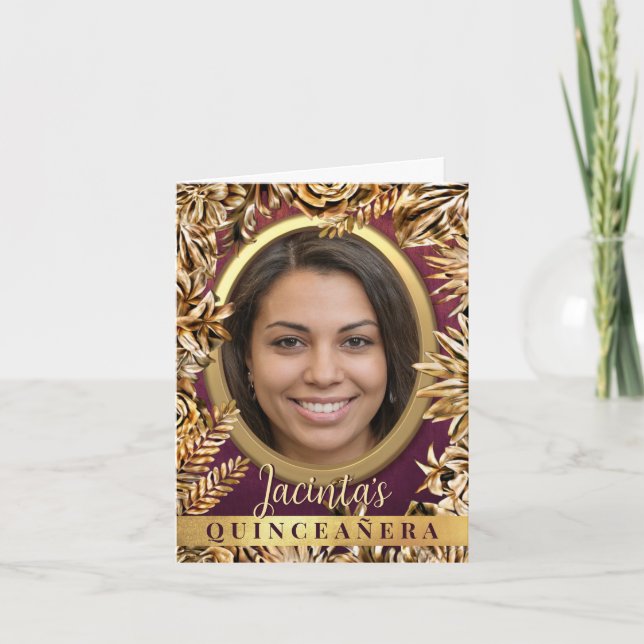 Invitation Classy Luxury Gold Floral Photo personnalisée Quin (Devant)