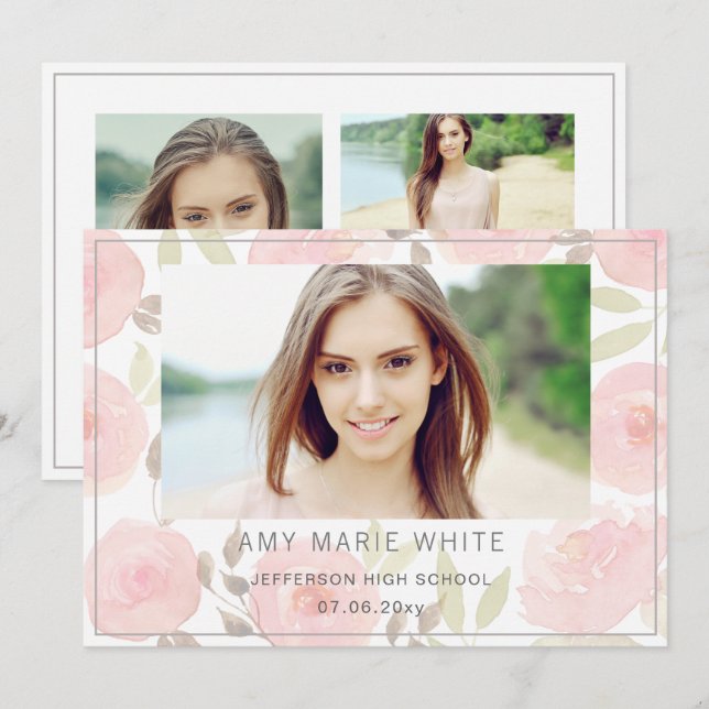 Invitation Classy Moderne Rose Floral Photo Graduation (Devant / Derrière)
