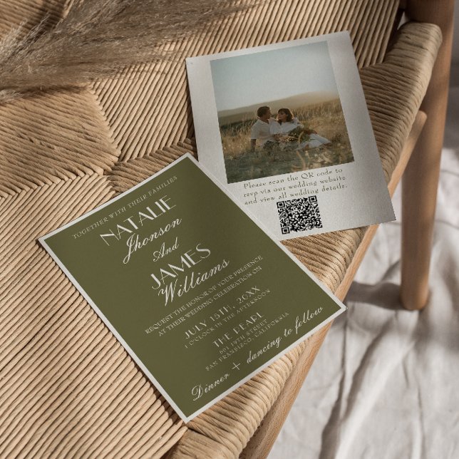Invitation Classy Olive Green Old Money QR Code Photo Wedding (Créateur téléchargé)