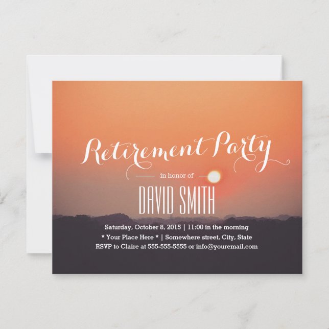 Invitation Classy Orange Sunset Skyline Retraite Party (Devant)