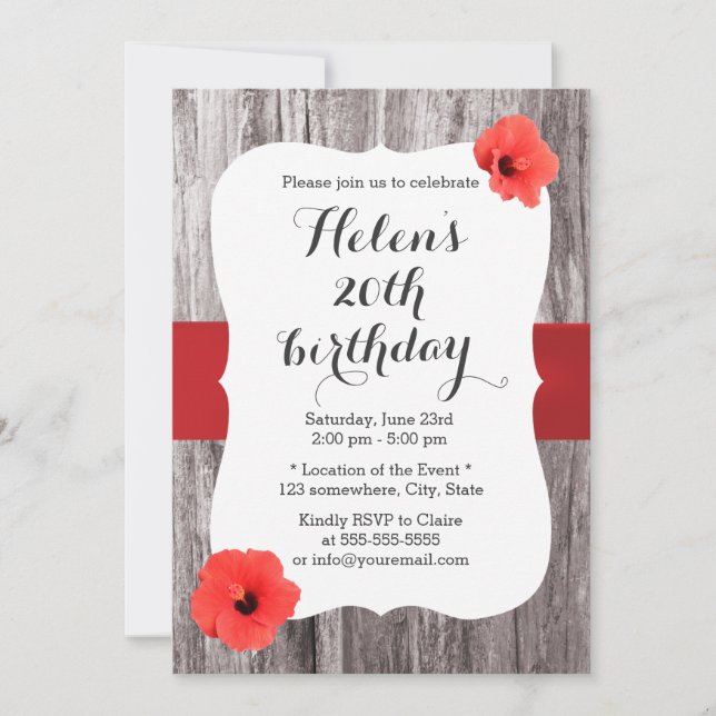 Invitation Classy Red Hibiscus Wood Arrière - plan fête d'ann (Devant)