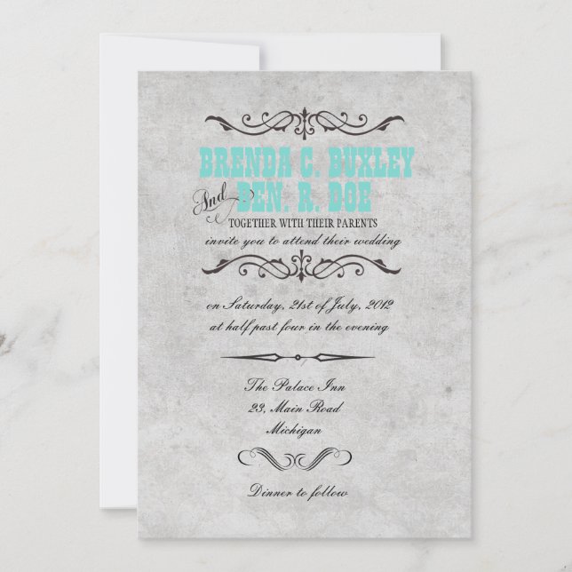 Invitation Classy Turquoise Vintage Wedding Invite (Devant)