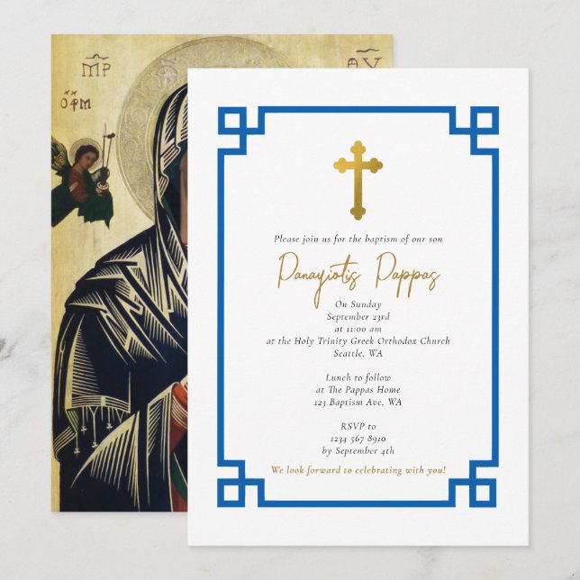 Invitation Clé Bleue Grecque Orthodoxe Christening Garçon Bap (Devant / Derrière)