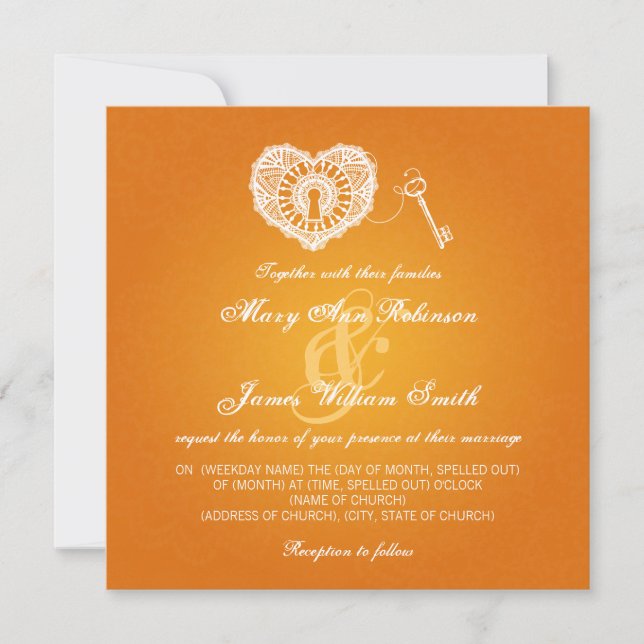 Invitation Clé De Mariage Élégante À Mon Coeur Orange (Devant)