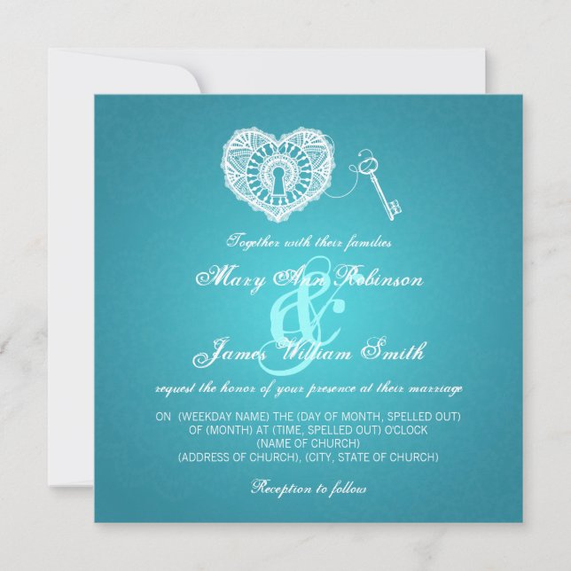 Invitation Clé élégante de mariage à ma turquoise de coeur (Devant)