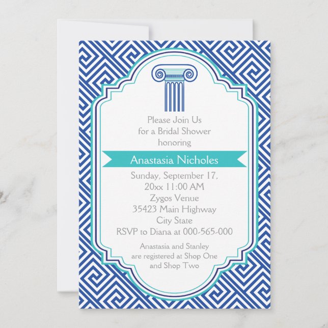 Invitation Clé grecque & colonne bleue mariage douche nuptial (Devant)