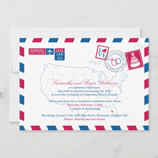 Invitation Clearwater Beach Floride Airmail Réception de mari (Devant)