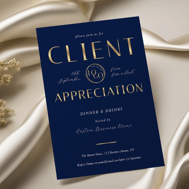 Invitation Client Appreciation Day Navy & Gold Logo Company (Créateur téléchargé)