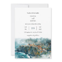 Cliffside Coastal Village Watercolor Beach Mariage
