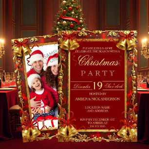 Invitation Cloche de Noël en or rouge Photo Fête de Noël