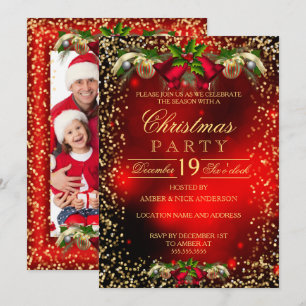 Invitation Cloche de Noël Photo Fête de Fêtes Rouge Or