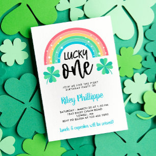 Invitation Clocher bleu et arc en ciel Lucky One First Birthd