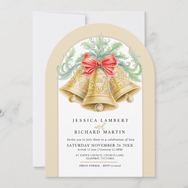 Invitation Cloches or arc aquarelle arche Mariage de Noël (Devant)