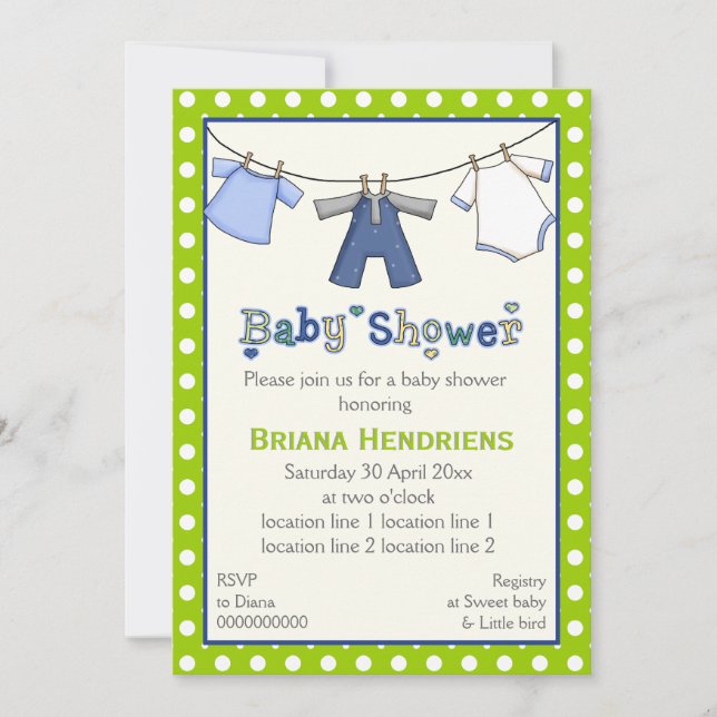 Invitation Clothesline bébé garçon douche personnalisée (Devant)