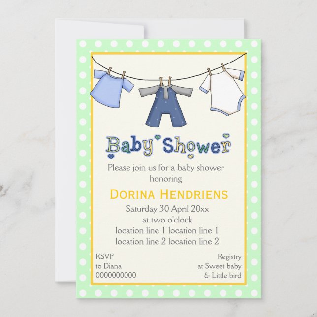 Invitation Clothesline bébé garçon douche personnalisée (Devant)