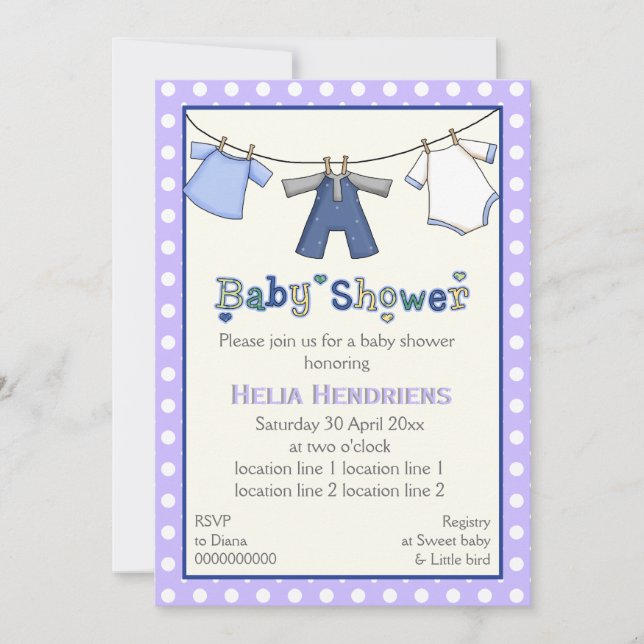 Invitation Clothesline bébé garçon douche personnalisée (Devant)