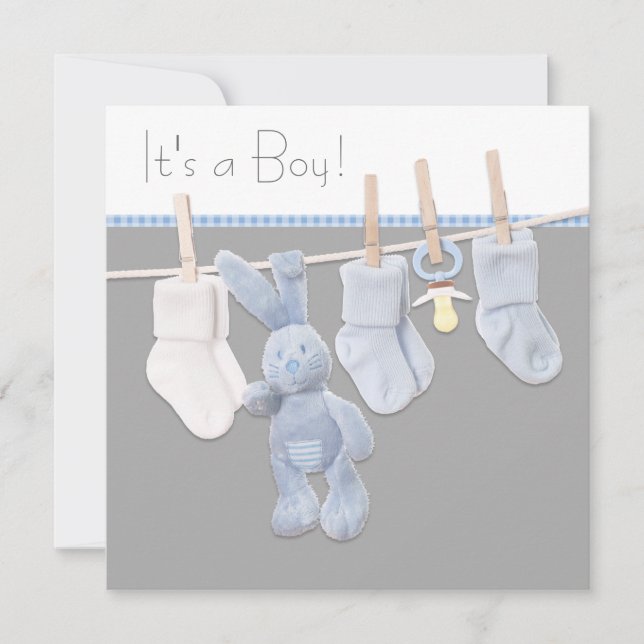 Invitation Clothesline Bleu et Gris Bébé Garçon Douche (Devant)
