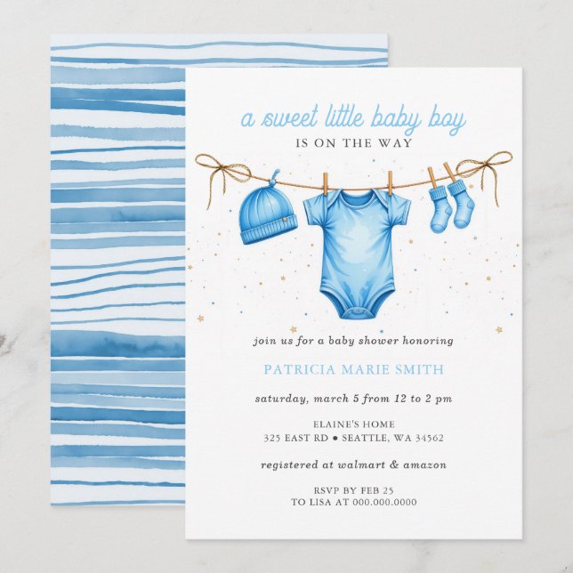 Invitation Clothesline Blue Boy Baby Shower (Devant / Derrière)