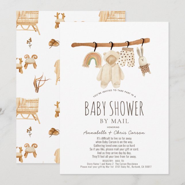 Invitation Clothesline Genre Neutre Baby shower par courrier (Devant / Derrière)