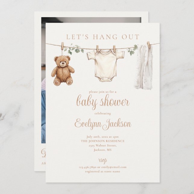 Invitation Clothesline Neutral Baby Shower Photo QR Code (Devant / Derrière)