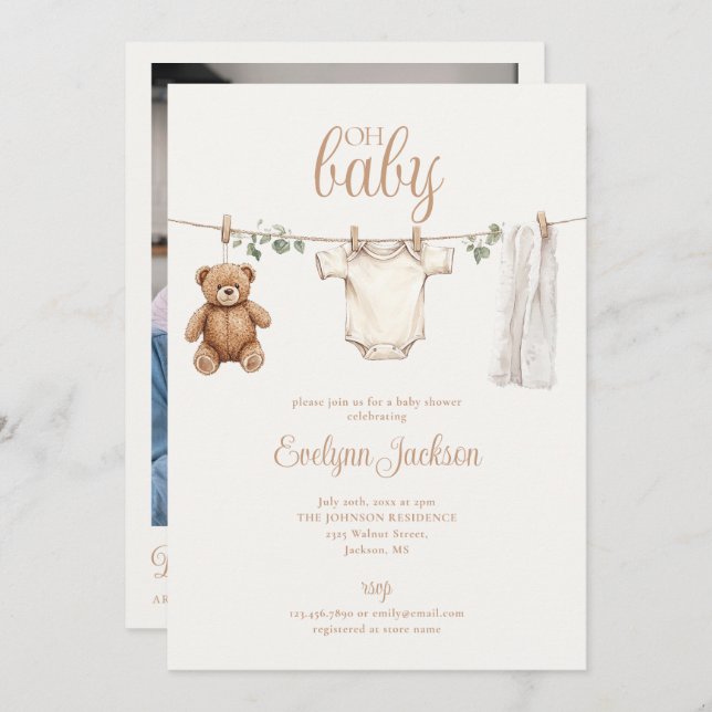 Invitation Clothesline Neutral Baby Shower Photo QR Code (Devant / Derrière)