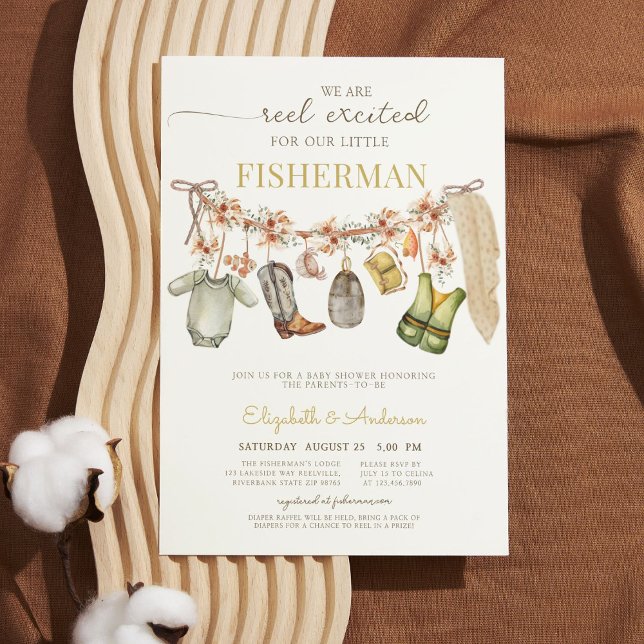 Invitation Clothesline Reel Fishing Rustic Floral Baby shower (Créateur téléchargé)